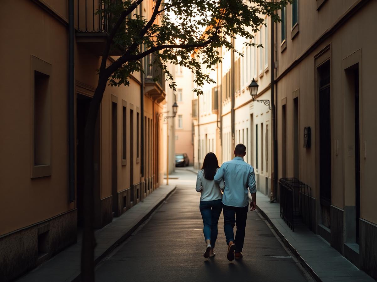 O casal caminhando por uma rua ao entardecer
