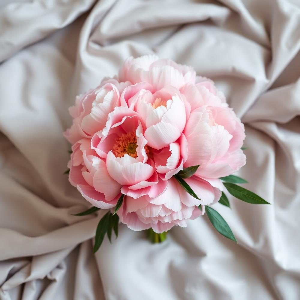 Buquê de peônias rosas sobre seda